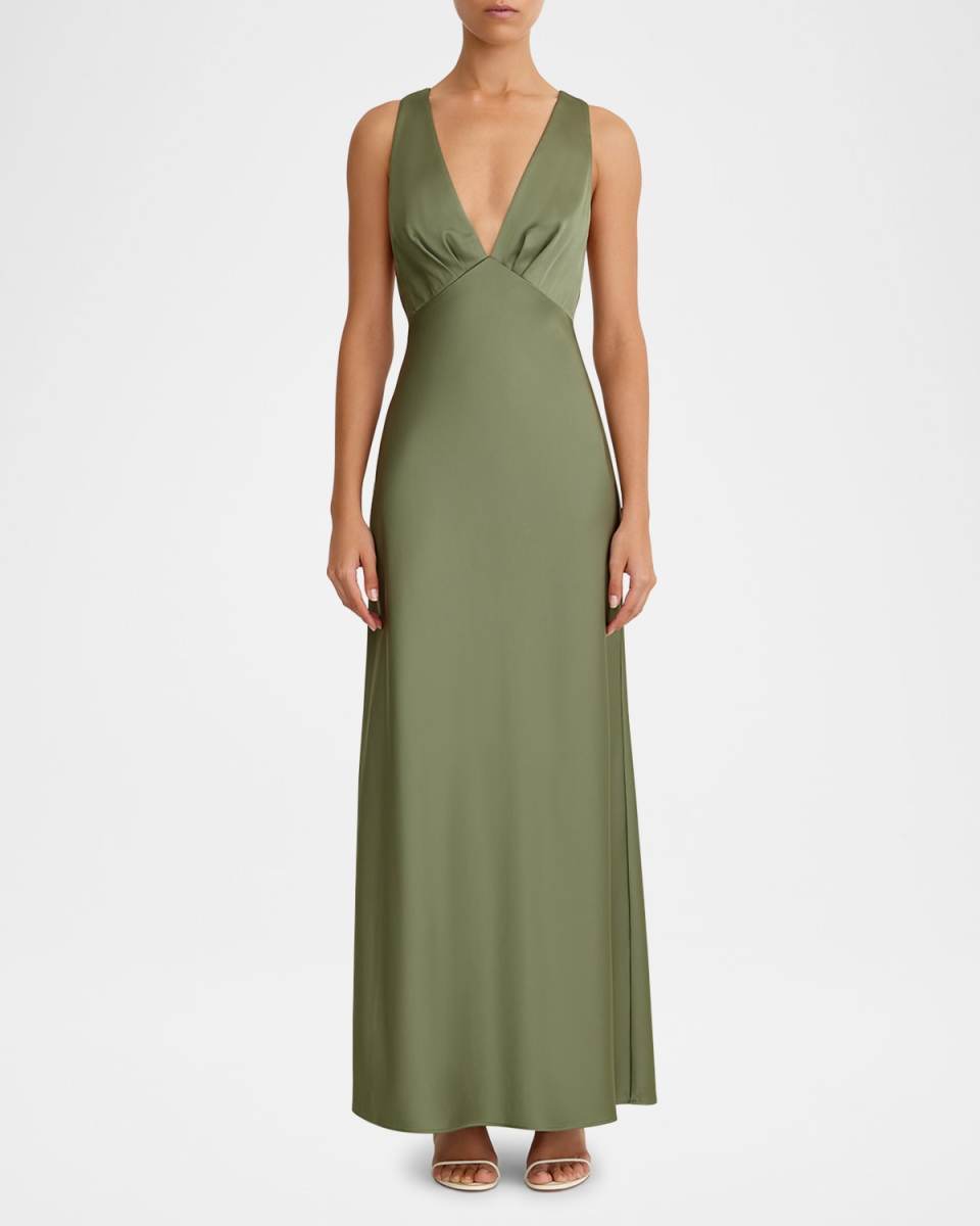 Lucile Plunging Low-Back Bias Maxi Dress